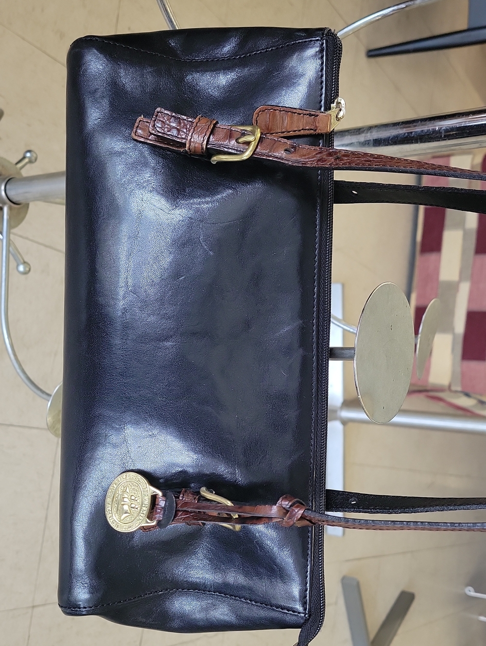 Brahmin Black Shoulder Bag with Brown Straps and Gold Hardware